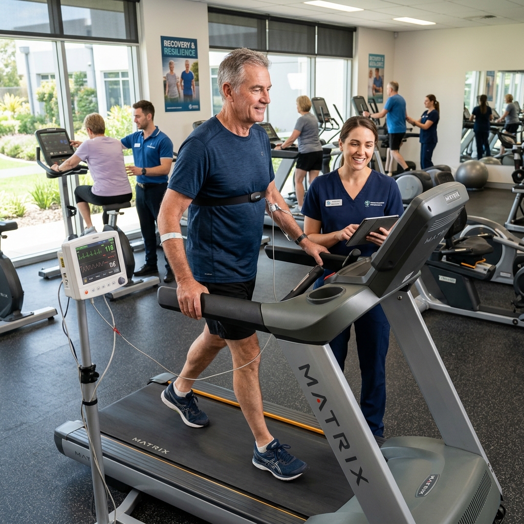 A person in cardiac rehabilitation, walking on a treadmill under medical supervision, representing heart attacks and strokes as major causes of disability claims.
