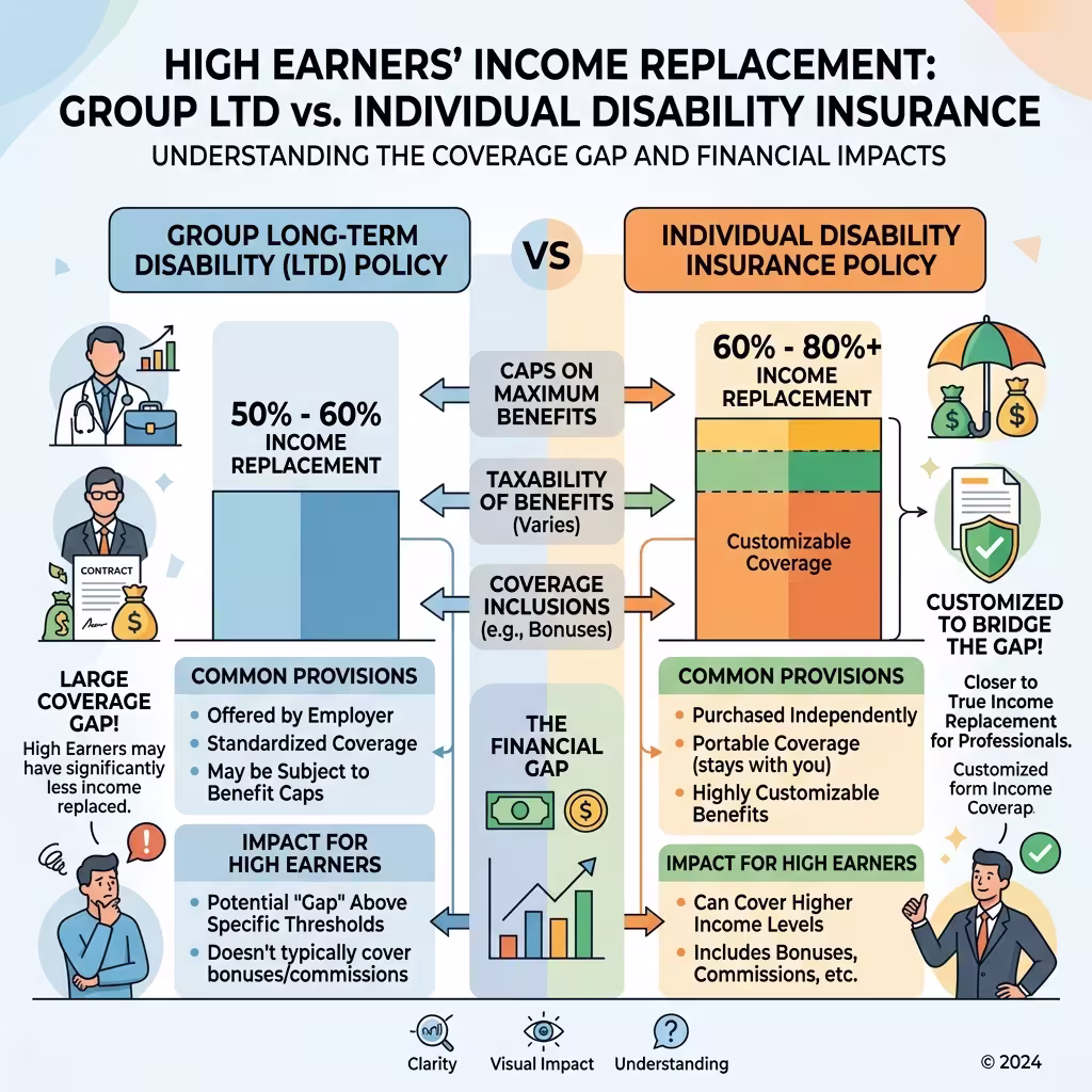 A chart comparing income replacement percentages for high earners under group LTD versus individual policies, emphasizing the financial gaps in individual vs group disability insurance.