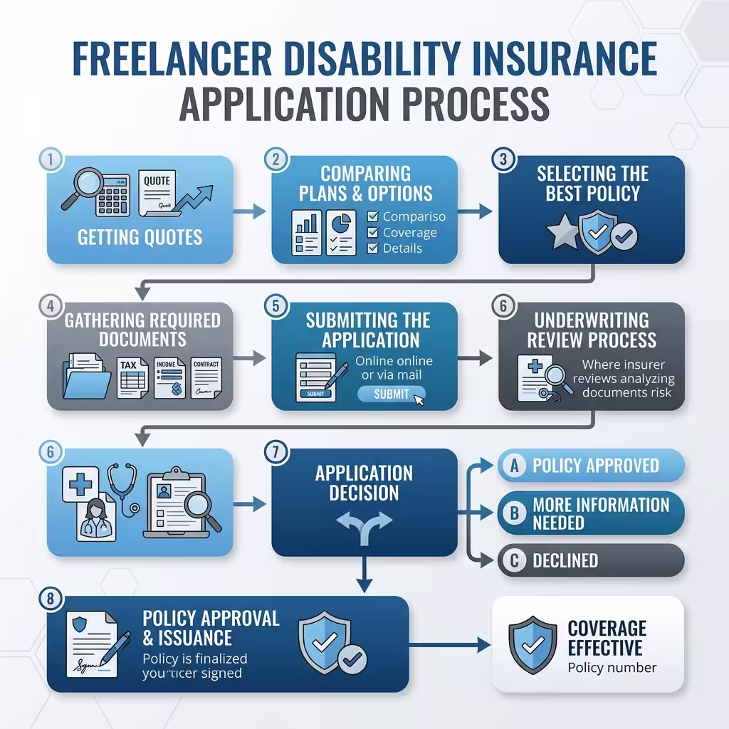 A flowchart illustrating the step-by-step process of applying for disability insurance for freelancers, from getting quotes to policy approval.