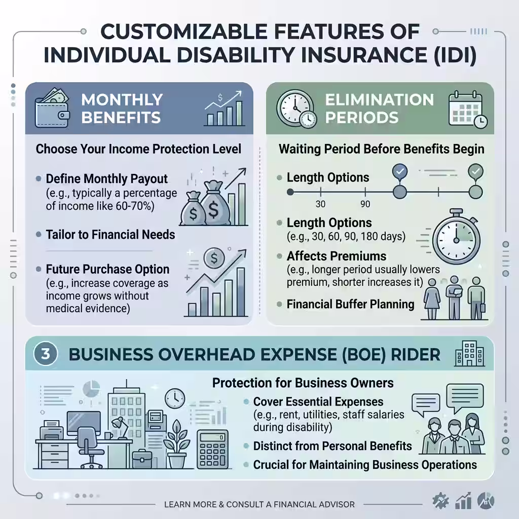 An infographic detailing customizable features of Individual Disability Insurance (IDI) policies, such as monthly benefits and elimination periods, tailored for freelancers seeking disability insurance.
