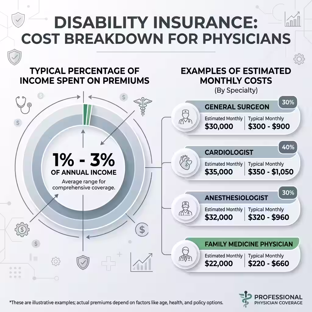 Infographic detailing the cost breakdown of disability insurance for physicians, featuring charts and graphs showing premium percentages and specialty-specific examples