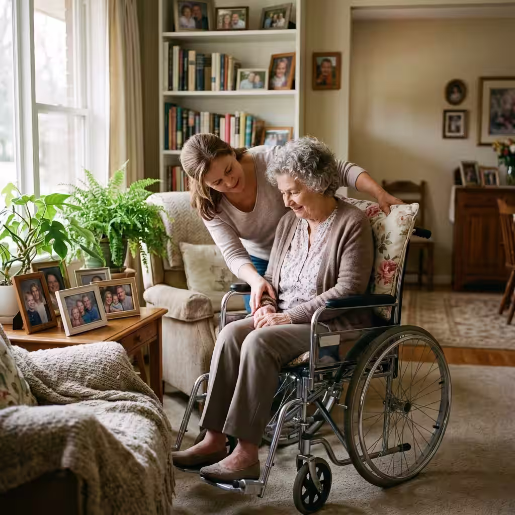 A person in a wheelchair being assisted by a family member, highlighting the importance of long term disability coverage in the short term vs long term disability discussion.