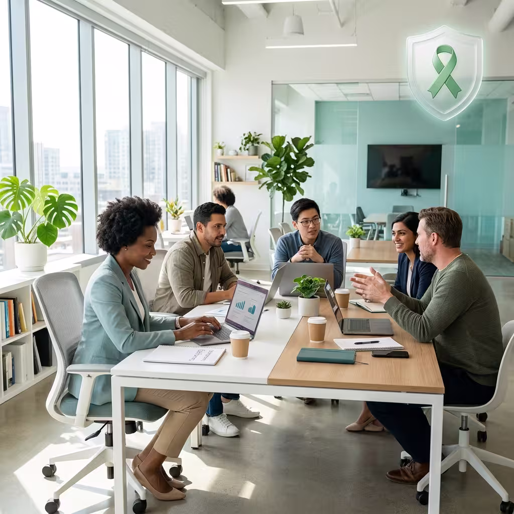 A group a people of sitting at table having discussion with a good mental health bearing everyone
