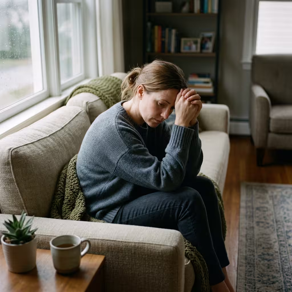 A person sitting on a couch with their head in hands, symbolizing mental health conditions like depression and anxiety as key causes of disability claims.