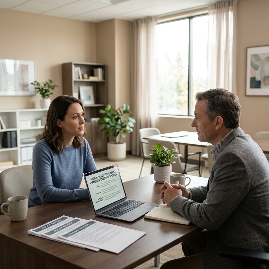 A professional meeting between a person and an advisor, discussing mental health disability insurance options in a calm and supportive environment.