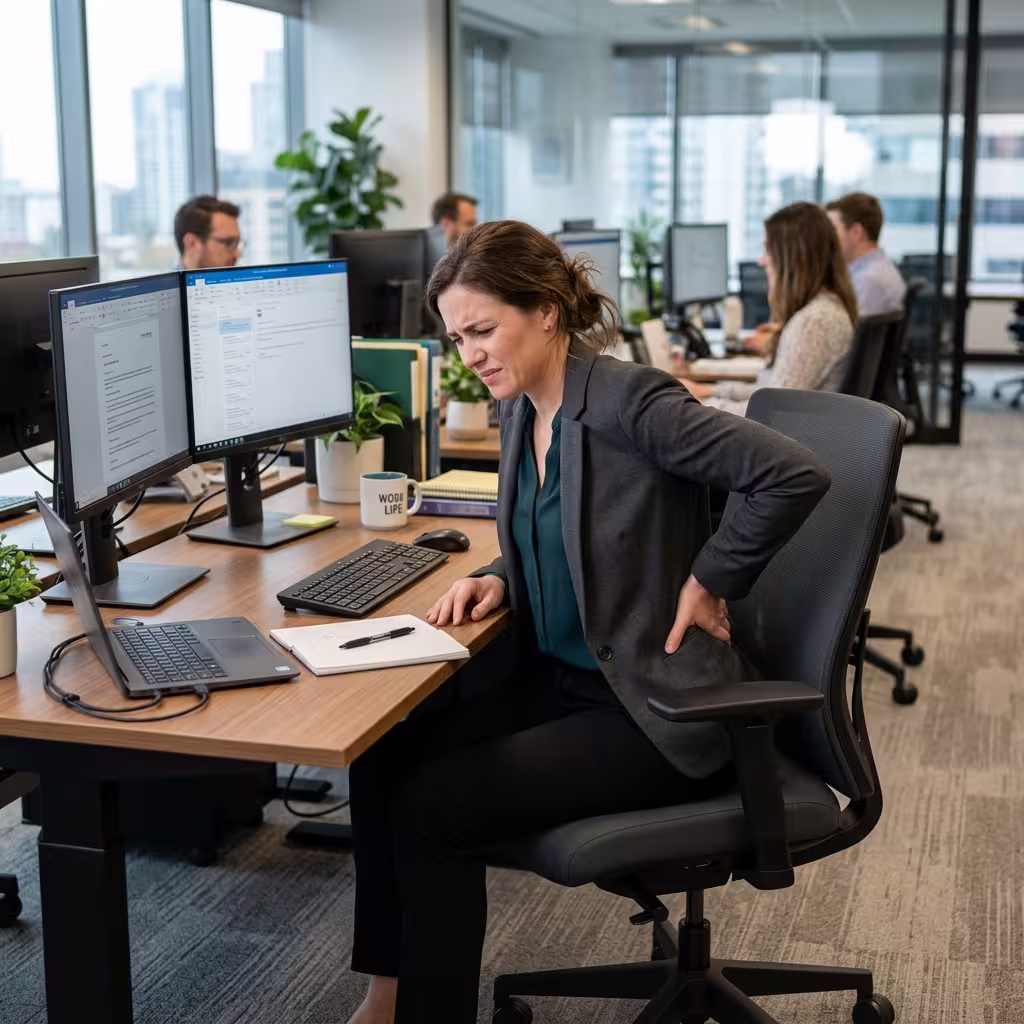 A person at a desk holding their lower back in pain, representing musculoskeletal disorders as one of the leading causes of disability claims.