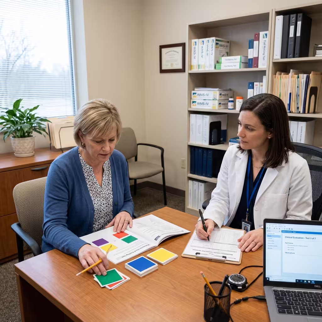A person undergoing neuropsychological testing in a clinical setting, highlighting the need for objective evidence in mental health disability insurance claims.