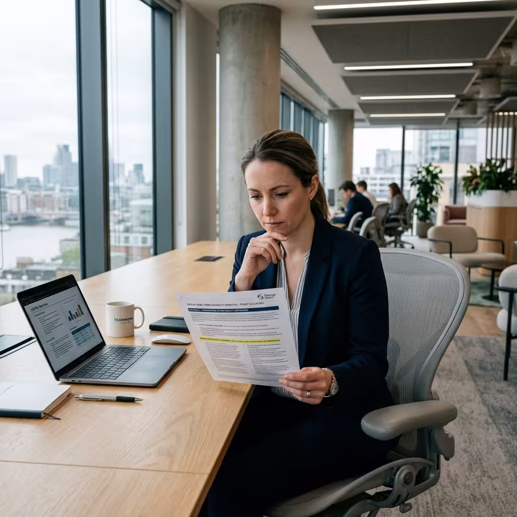A professional reviewing their group LTD policy in a modern office, emphasizing the lack of portability and the risks associated with individual vs group disability insurance.