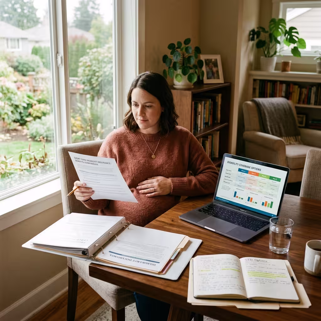 A pregnant woman analyzing short-term disability insurance options, reflecting on how much disability insurance do I need for maternity leave.