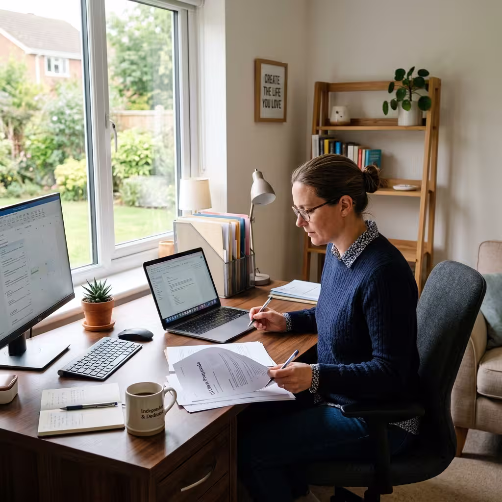 A self-employed professional working at a desk, reviewing documents to calculate how much disability insurance do I need for income protection.