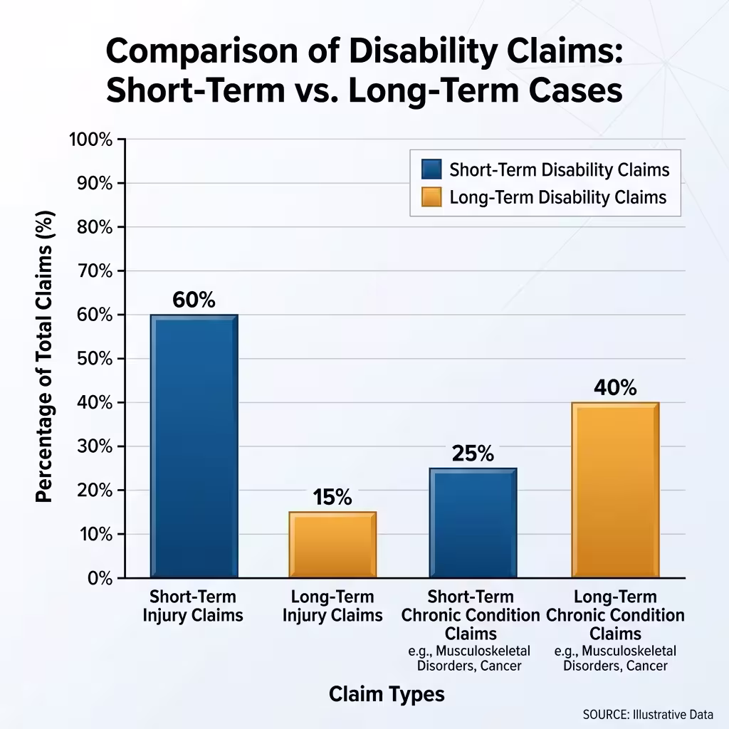 A bar chart comparing injuries in short-term disability claims versus chronic conditions in long-term claims, highlighting the causes of disability claims.