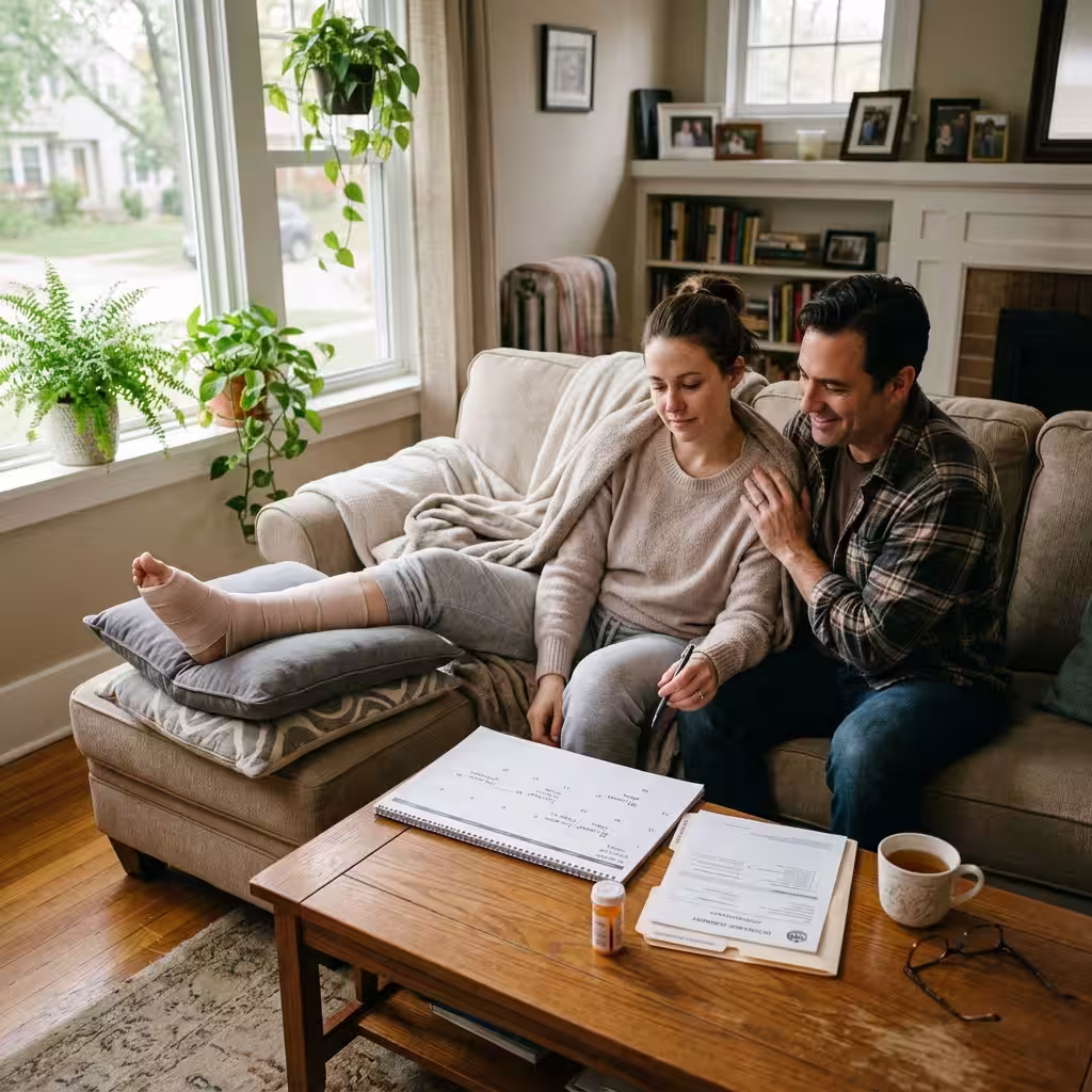 A person recovering at home with a leg elevated, reviewing medical documents and a calendar, representing short term vs long term disability coverage scenarios.