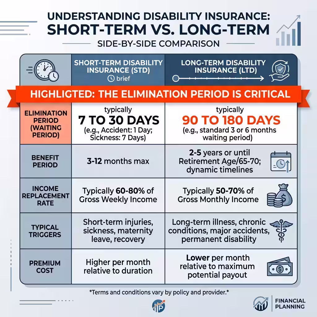 A professional infographic comparing short term vs long term disability insurance features like elimination periods, benefit periods, and income replacement rates.