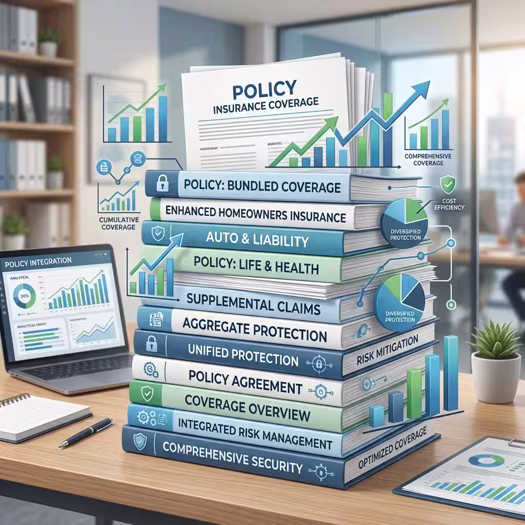 Stacked documents and charts representing the strategy of combining policies to address how much disability insurance do I need effectively.