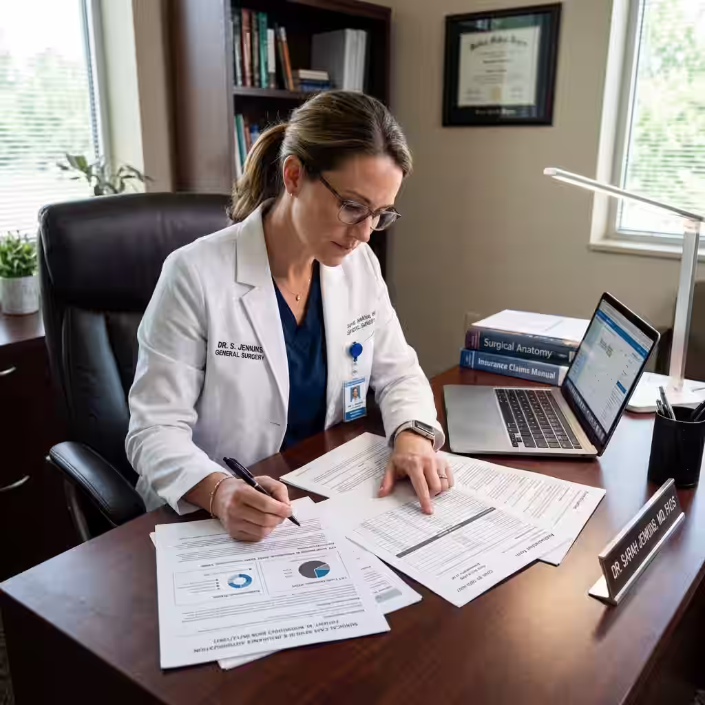 A focused surgeon in a professional office setting, carefully reviewing disability insurance for physicians policy documents to understand terms and coverage
