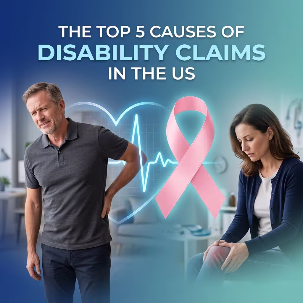 A visually striking collage featuring realistic elements like a person with back pain and a cancer ribbon, emphasizing the causes of disability claims.
