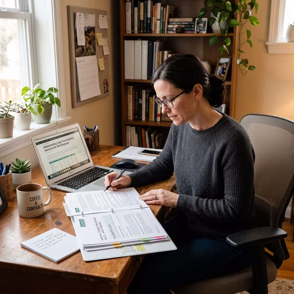 A self-employed professional reviewing a disability insurance policy at home, exploring the topic 'are disability insurance benefits taxable.