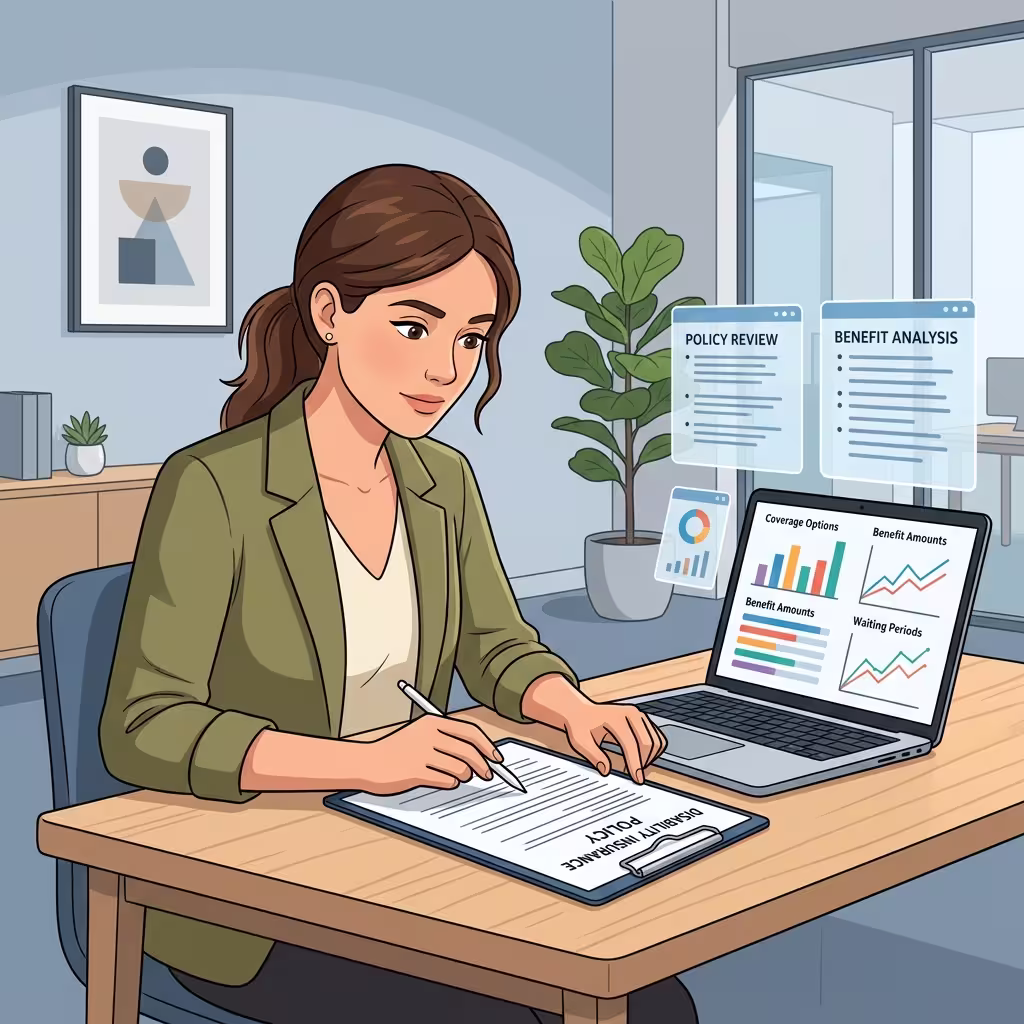 An illustration of woman reviewing disability insurance policies contemplating how much disability insurance do i need?