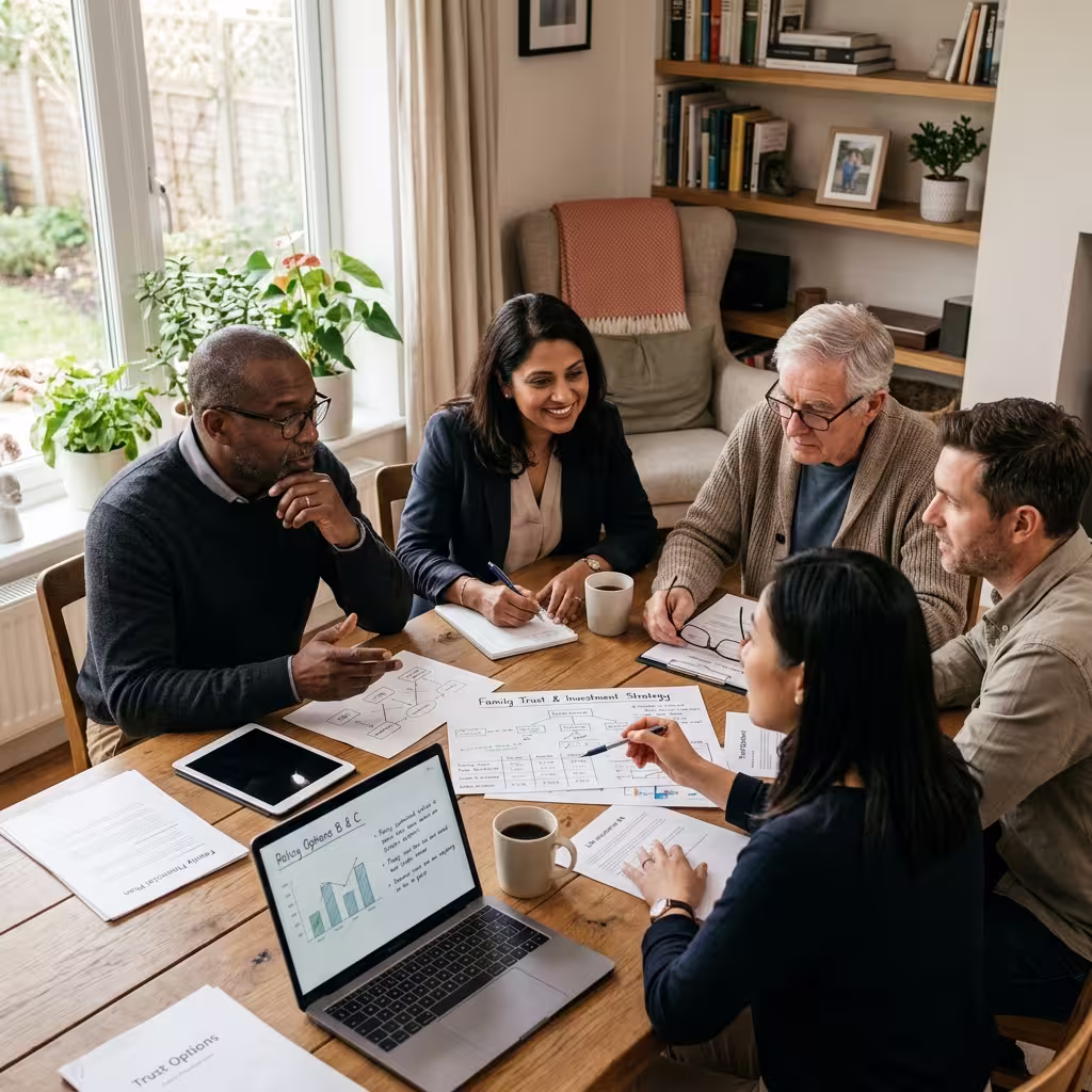 A family in a modern home office setting, considering options beyond a basic policy, with charts and documents highlighting disability insurance riders.