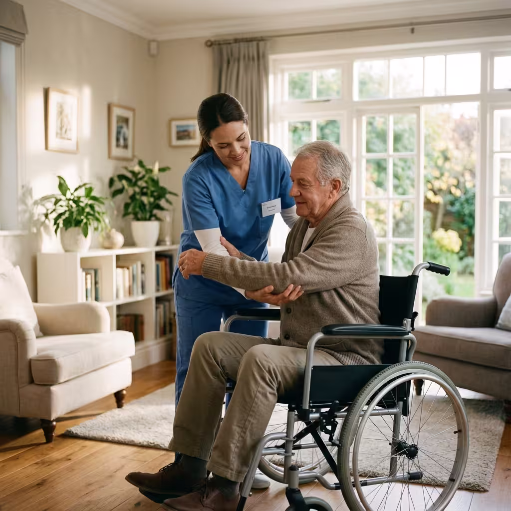 A person receiving assistance with daily activities, emphasizing the importance of catastrophic disability insurance riders for severe cases.