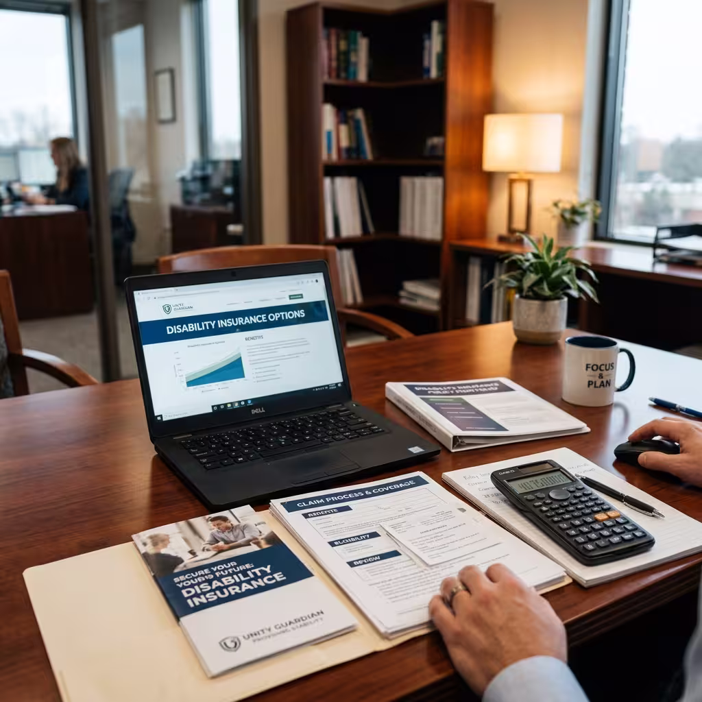 A professional setting with documents and a calculator, illustrating the concept of how much disability insurance do I need to secure financial stability."