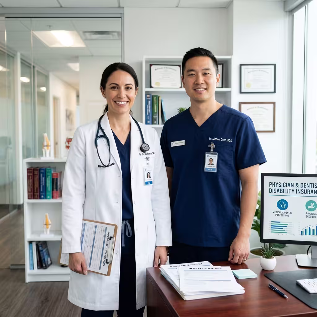 A professional physician and dentist in a modern office, discussing disability insurance for physicians with visible documents and a stethoscope, symbolizing trust and expertise.