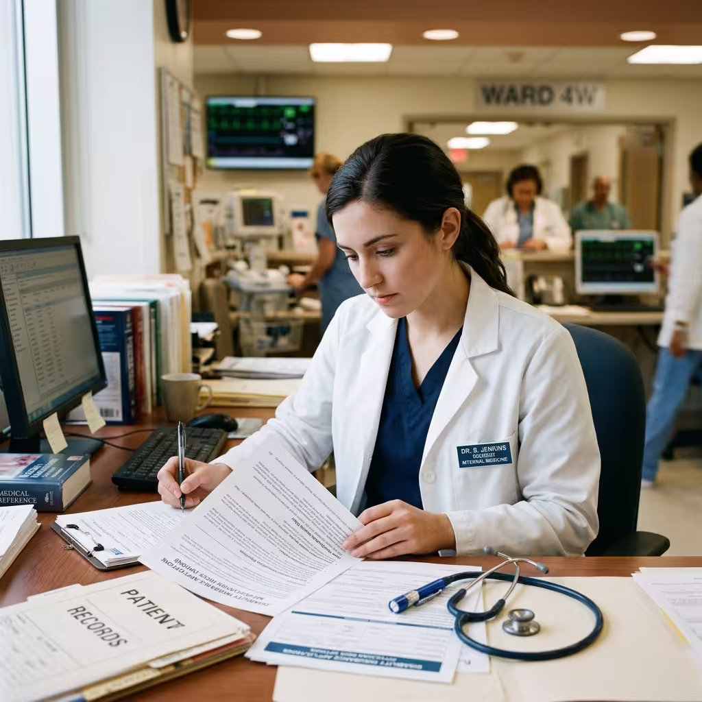 A young medical resident reviewing disability insurance riders in a hospital setting, highlighting the significance of securing future insurability.