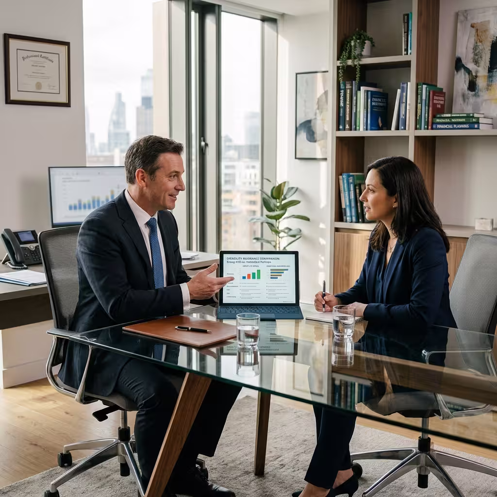 A financial advisor explaining the gap between group LTD and individual disability insurance policies to a client in a modern office, highlighting the importance of understanding individual vs group disability insurance.