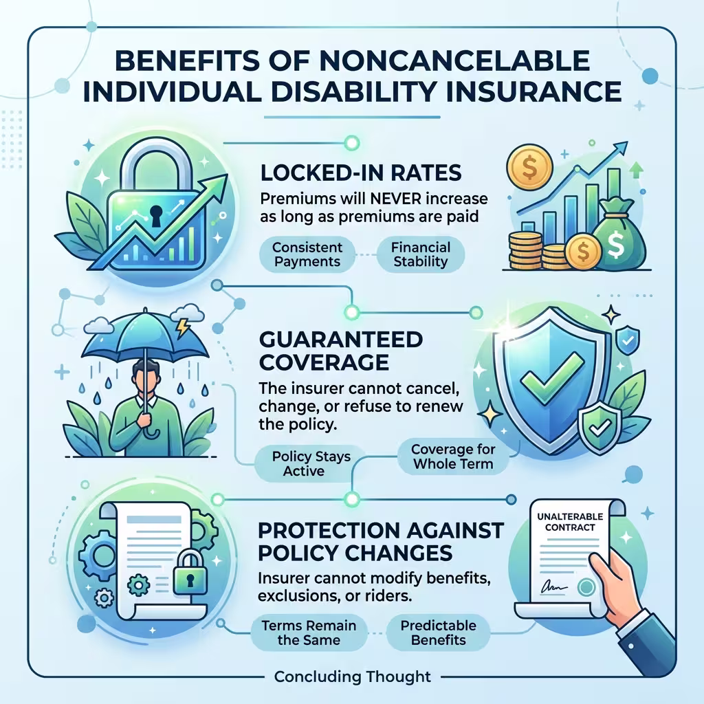 An infographic explaining the benefits of noncancelable individual disability insurance policies, highlighting locked-in rates and guaranteed coverage in the context of individual vs group disability insurance.