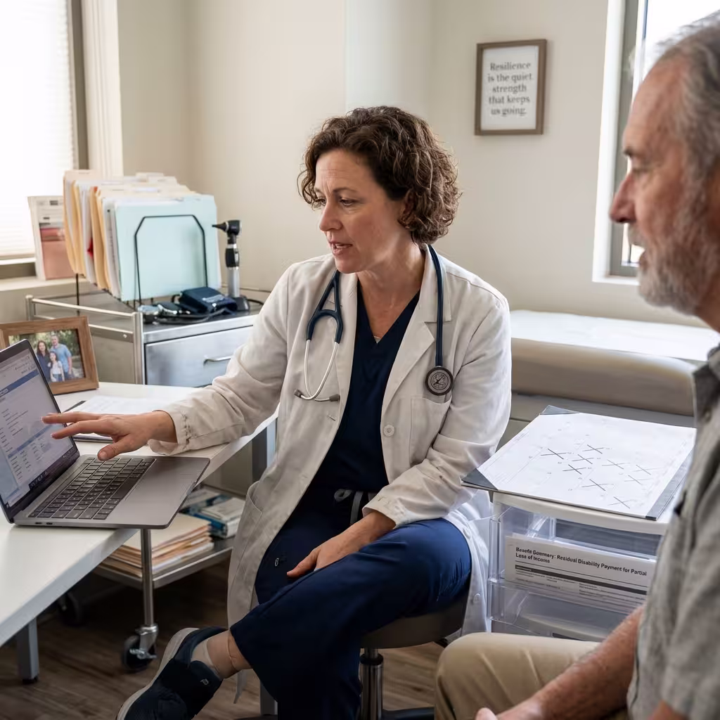 A physician working part-time in a clinical setting due to a disability, symbolizing the role of residual disability insurance riders in covering partial income loss.