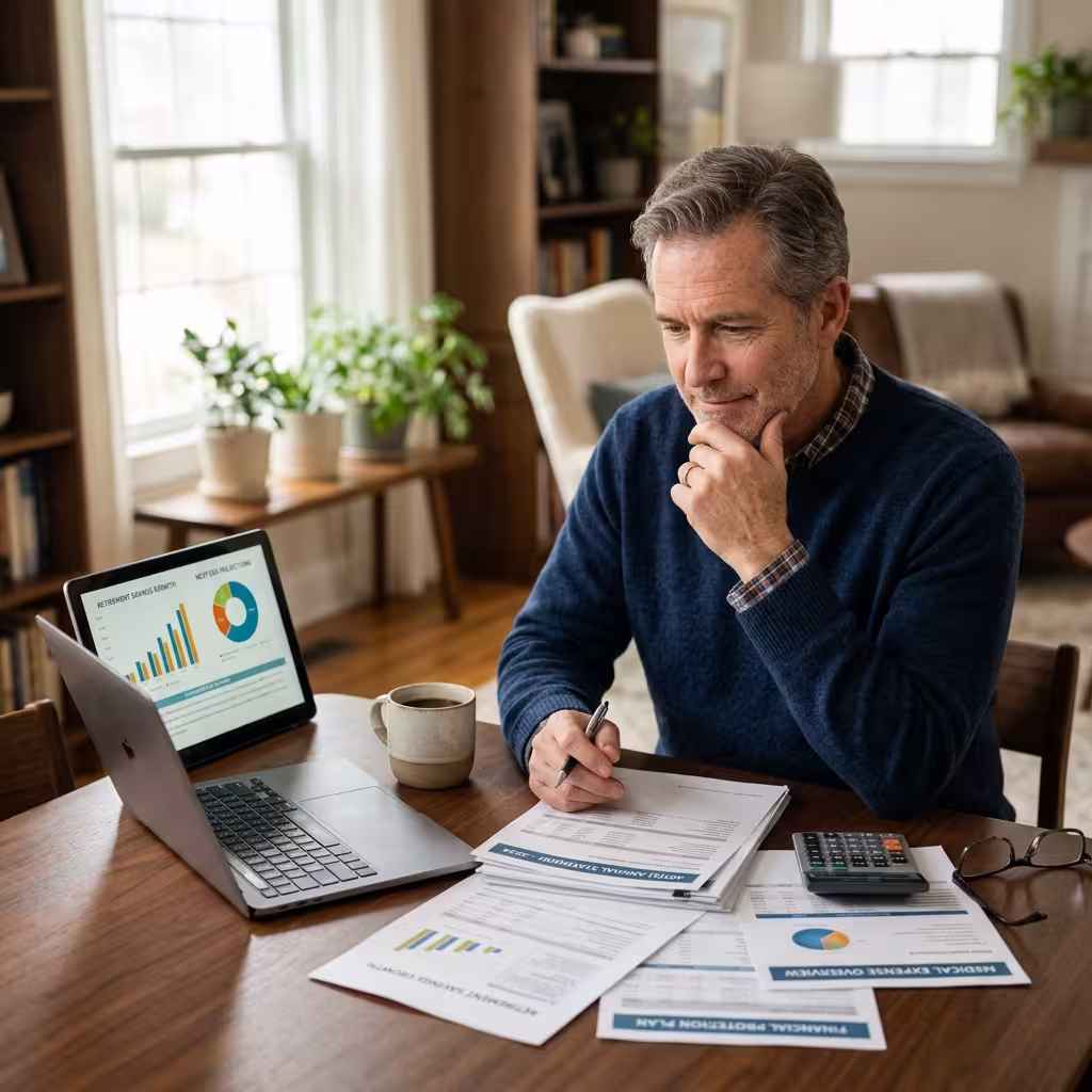 A financial advisor explaining retirement protection disability insurance riders to a physician in a modern office, emphasizing long-term financial planning.