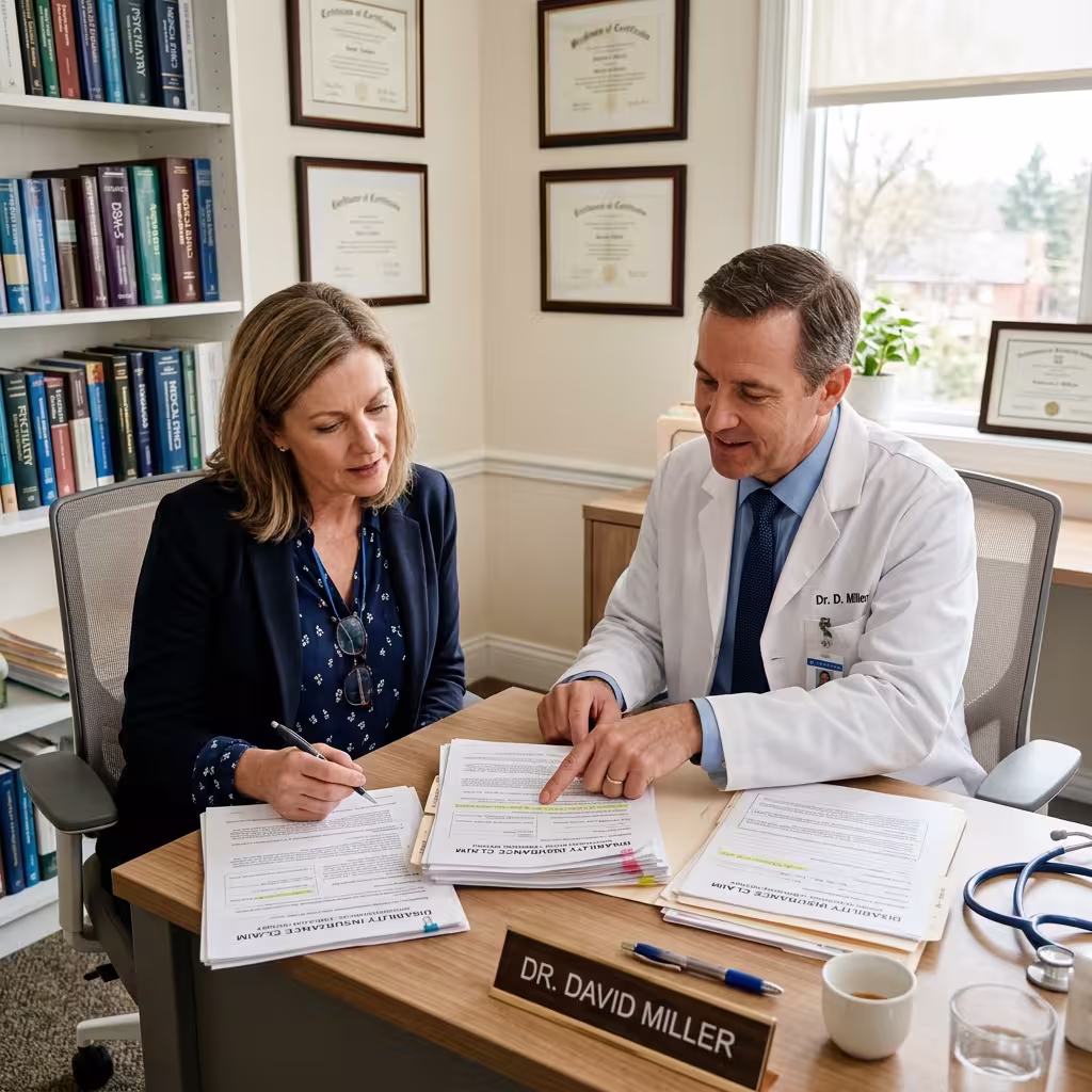 A professional reviewing disability insurance documents with a doctor, emphasizing the importance of proper documentation for mental health disability insurance claims.