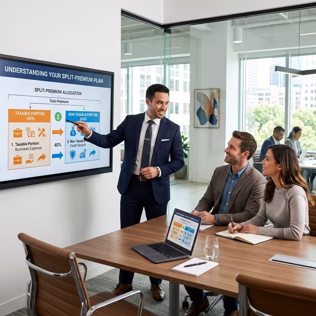 An insurance representative explaining the split-premium concept to a couple in an office, focusing on 'are disability insurance benefits taxable.