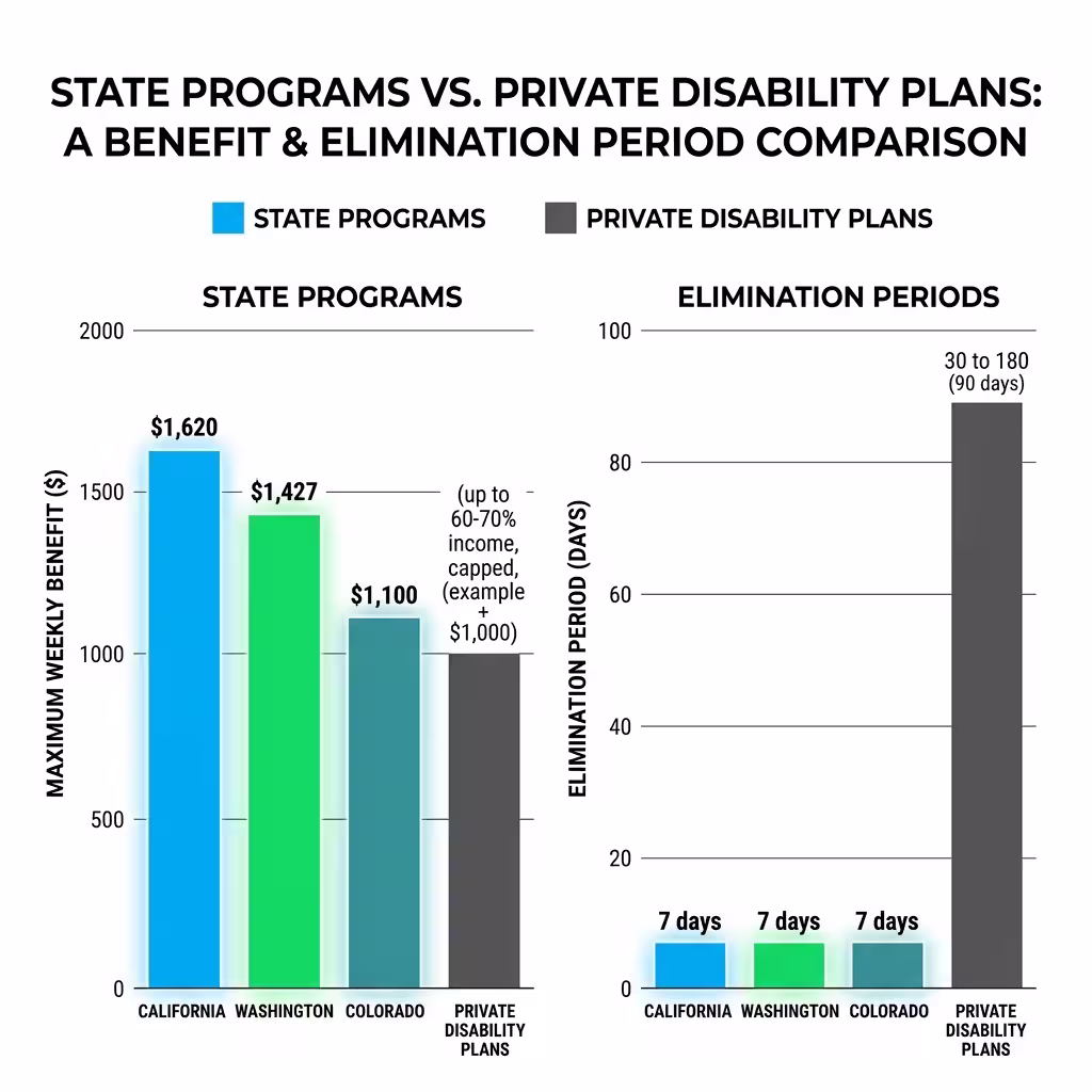 A bar chart comparing state disability programs and private plans, showcasing benefits and elimination periods in short term vs long term disability coverage.
