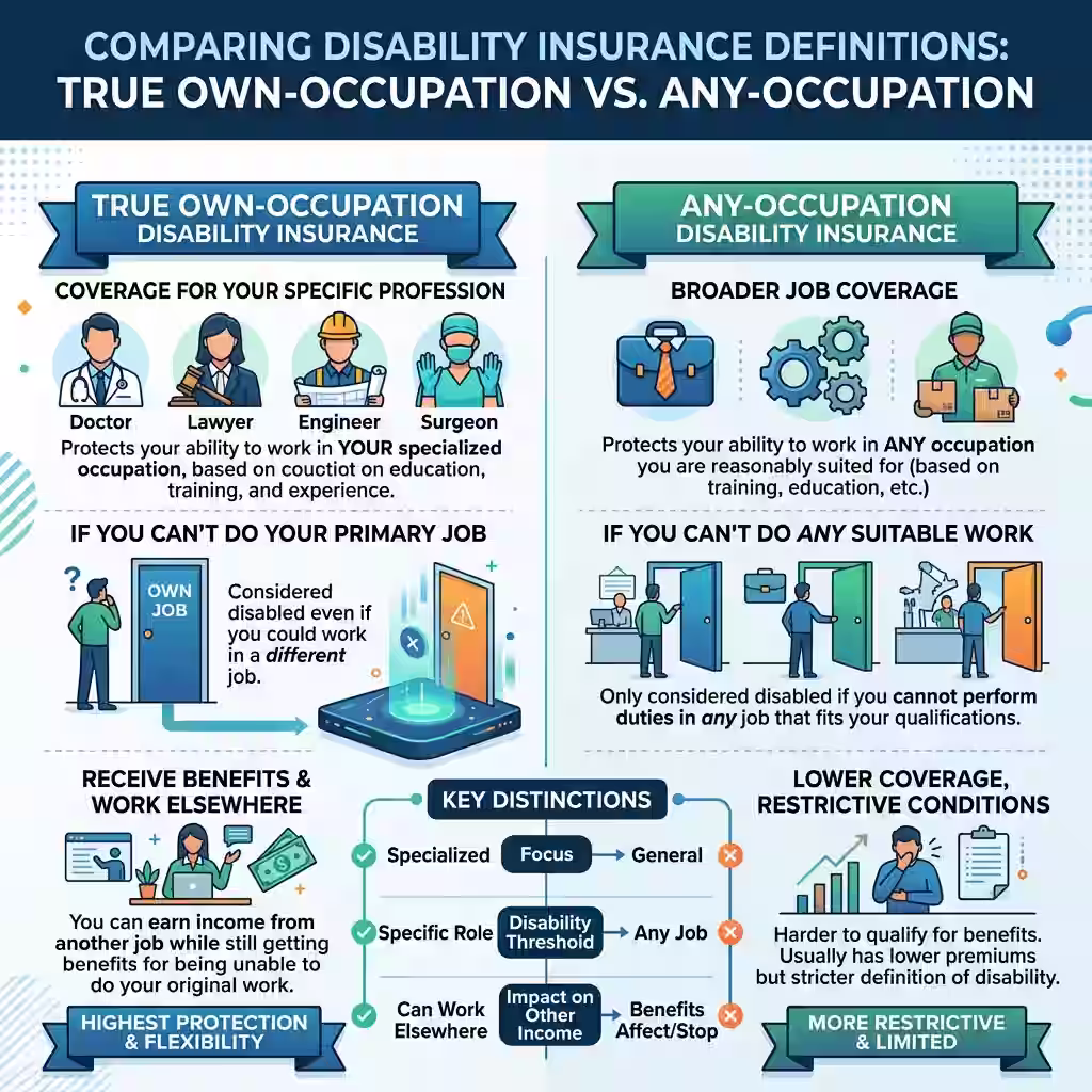 Infographic comparing 'true own-occupation' and 'any-occupation' disability insurance for physicians, highlighting coverage differences with clear icons and text.