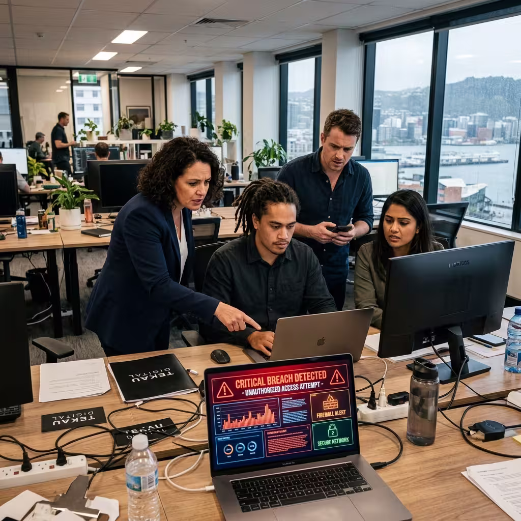 An I.T team tackling a possible cyber attack. Could be a possibility of cyber liability insurance loopholes nz