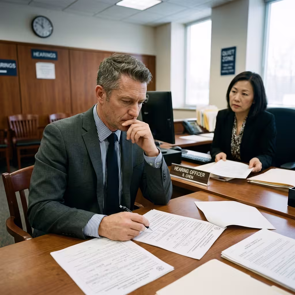 A person in suit is filling up forms in a court room beside a hearing officer for  reasons for SR-22 requirement