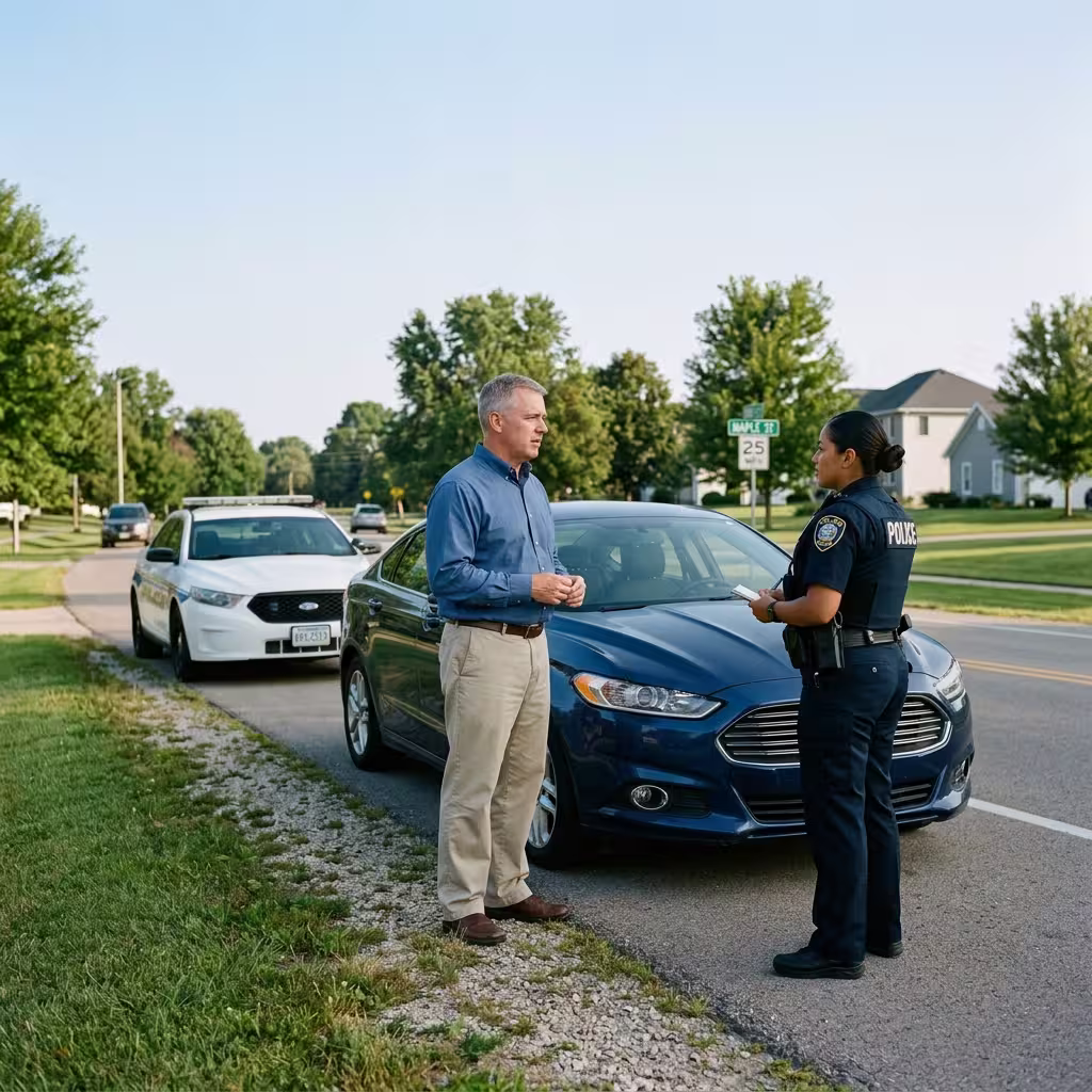 A lady police officer stops a vehicle and questioning the driver for possible reasons for SR-22 requirements.